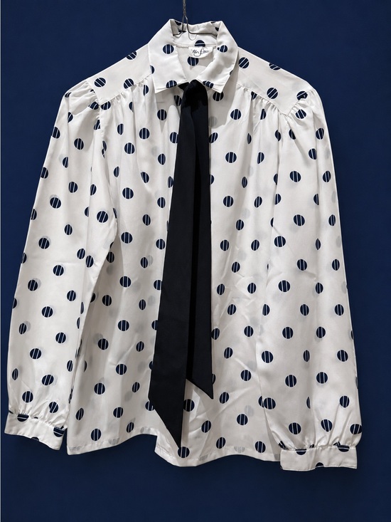 Tan Flay Tops - Polka Dot Tie-Neck Blouse - White/Navy